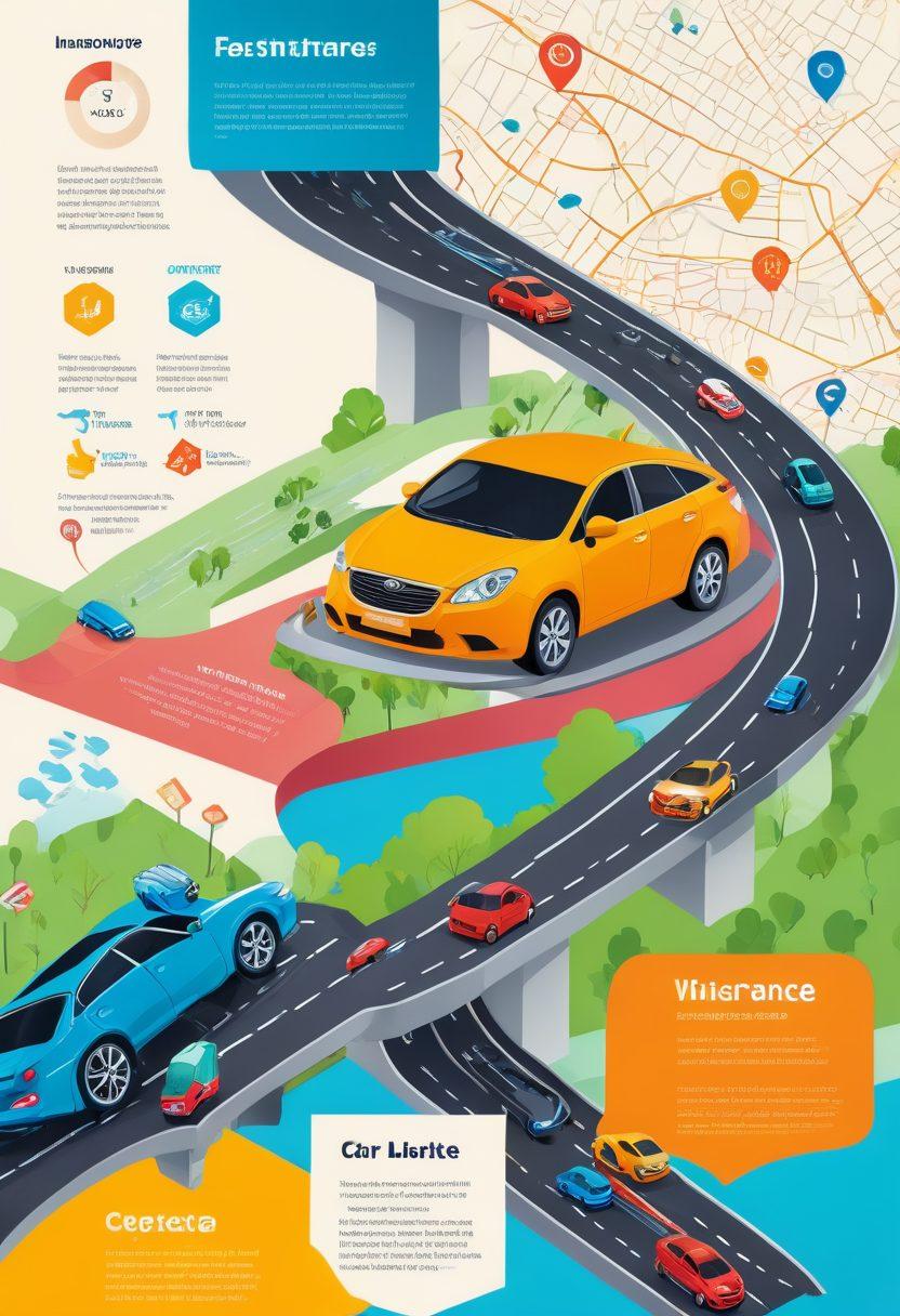 A visually engaging infographic showcasing various car insurance options, with colorful icons representing different coverage types such as liability, collision, and comprehensive. Include a stylized road map in the background, leading to different 'coverage destinations'. Use vibrant colors and a modern, clean layout for clarity. 3D elements to convey depth and interactivity.