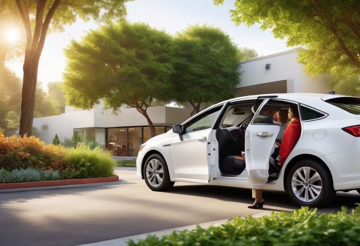 A visually engaging guide featuring an open car door revealing a friendly insurance agent handing over a golden key, symbolizing access to affordable coverage. In the background, display various cars and a dollar sign made of greenery to signify savings. The scene should exude warmth and trust with sunlight filtering through trees. super-realistic. vibrant colors. white background.