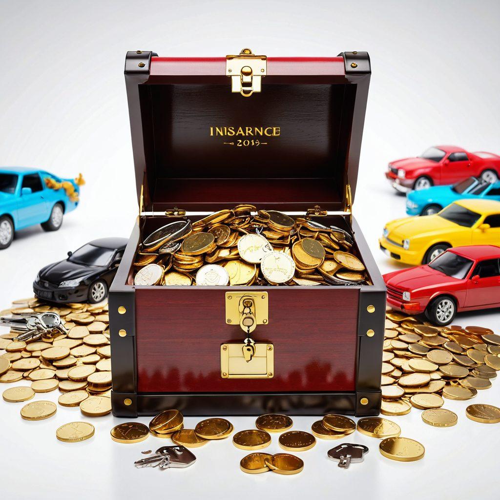 A large, open treasure chest overflowing with coins and car keys, symbolizing savings and discounts. In the background, a variety of cars in vibrant colors, representing different auto insurance options. Bright rays of sunlight shining down, highlighting the concept of 'unlocking' savings. Incorporate a digital tag with ‘Massive Discounts’ in bold font. super-realistic. vibrant colors. white background.
